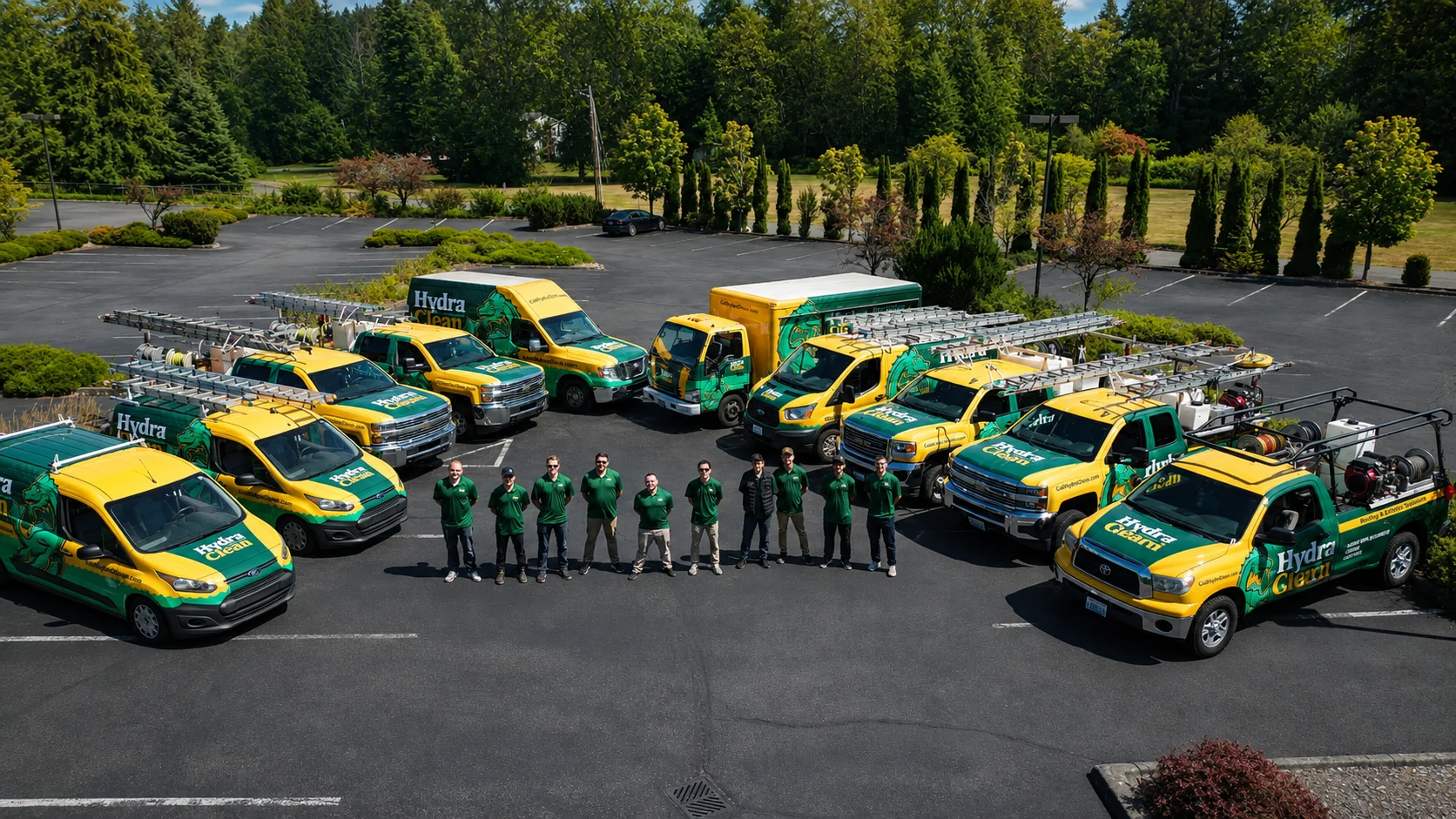 The Hydra Guard crew standing in front of the wrapped truck and van fleet