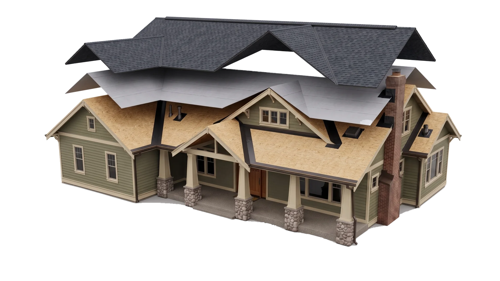 The house from the story with its roof separated into floating layers: shingles, underlayment, membrane and deck
